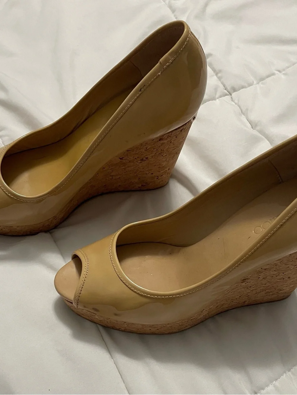 Jimmy Choo peep toe Beige Patent Cork Wedge Heels